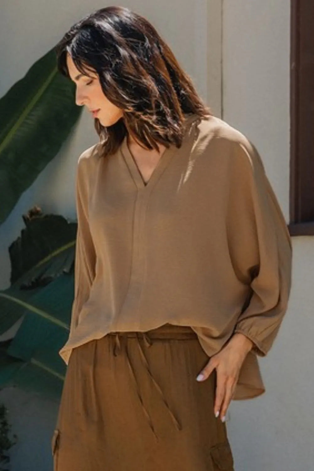 Camel Annie Wear Notched Batwing Sleeve Blouse