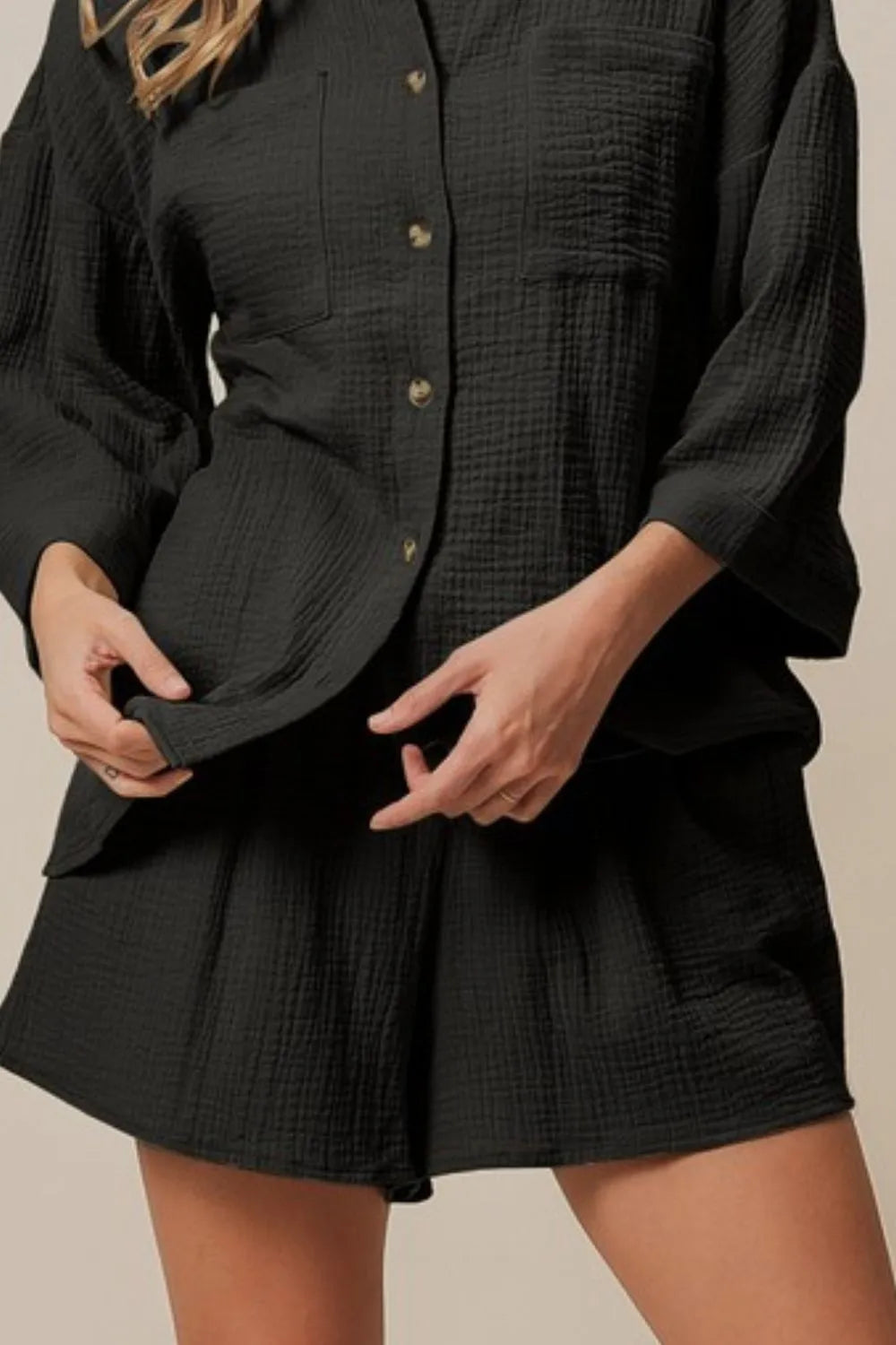 Black Bibi Crinkle Gauze Shirt And Short Set 1