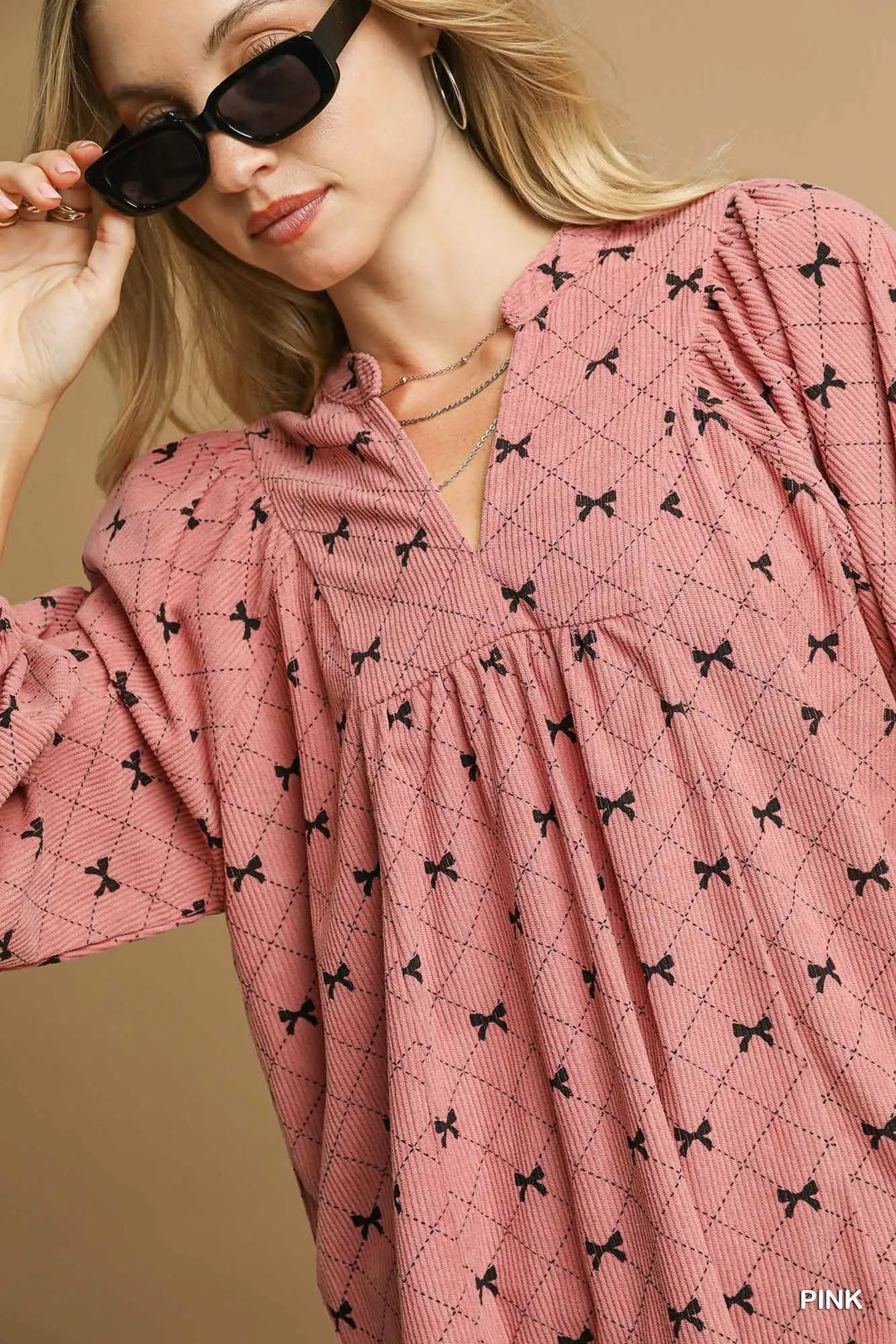 Umgee Corduroy Bow Print Balloon Sleeve Blouse 1