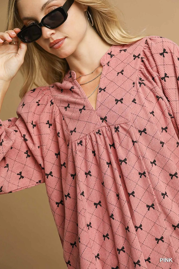 Umgee Corduroy Bow Print Balloon Sleeve Blouse 1