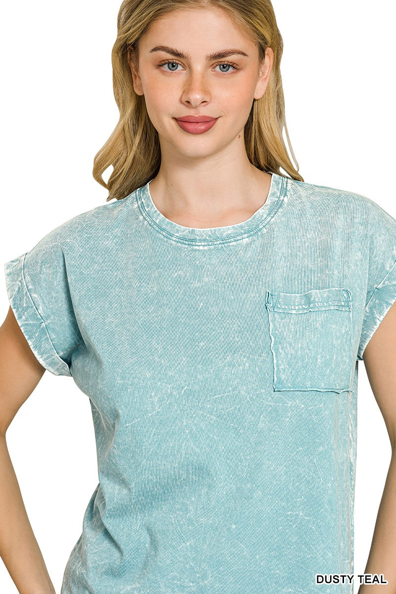 Dusty Teal Zenana Full Size Crinkle Washed Round Neck Folded Short Sleeve Tee Plus Size 4