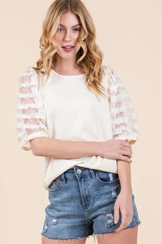 Cream Lime N Chili Full Size Lace Puff Sleeve Round Neck Top Plus Size