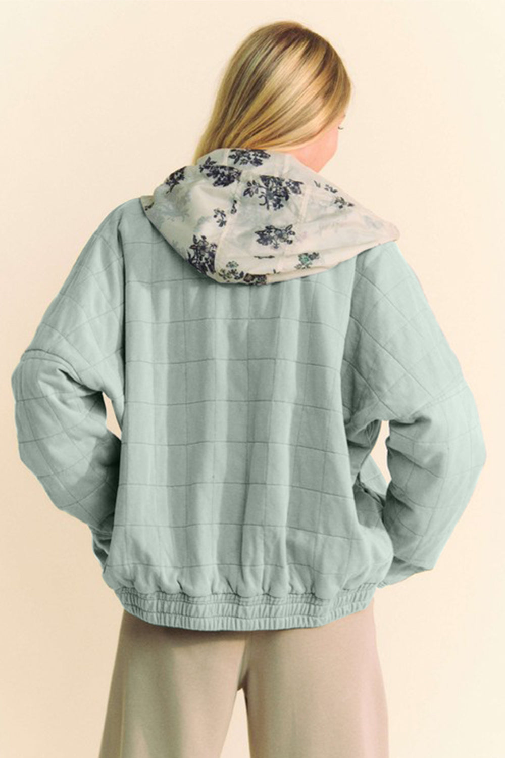 GREY BLUE Davi Dani Quilted Zip Up Dropped Shoulder Jacket