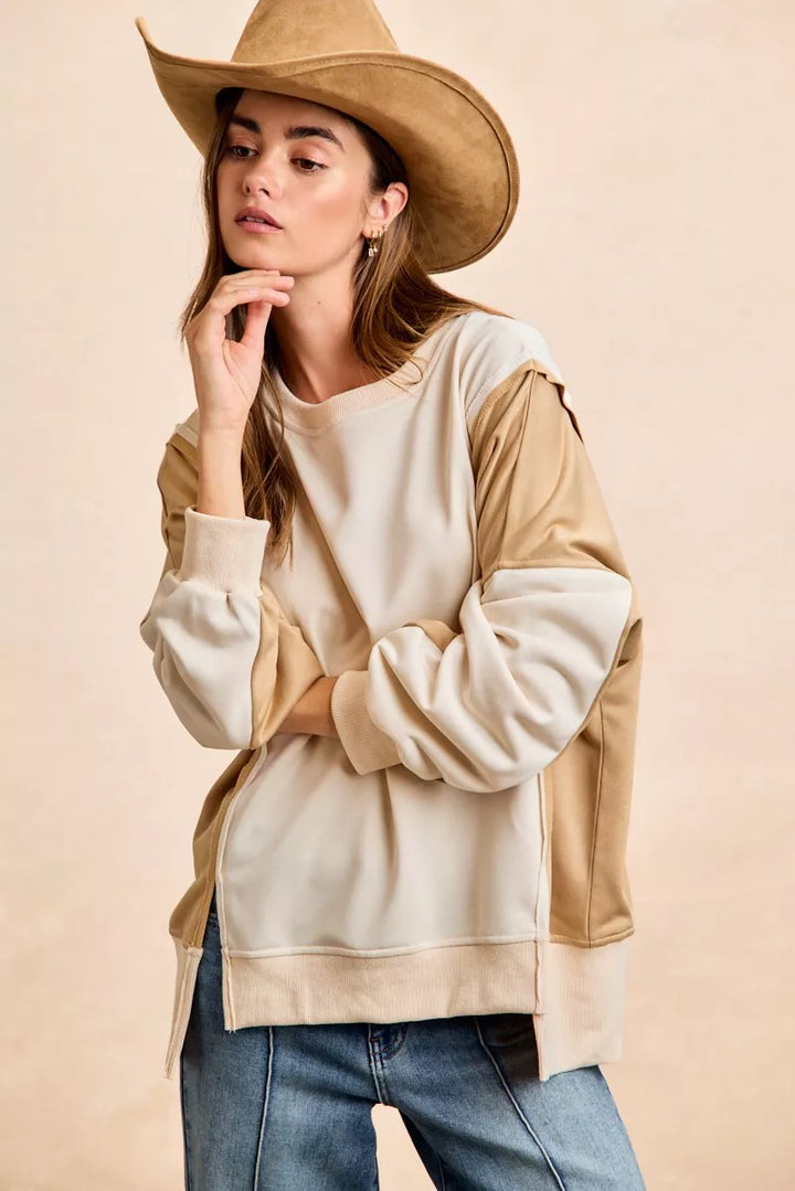 Ivory/Sand Bibi French Terry Color Block Top With Open Seam Detail