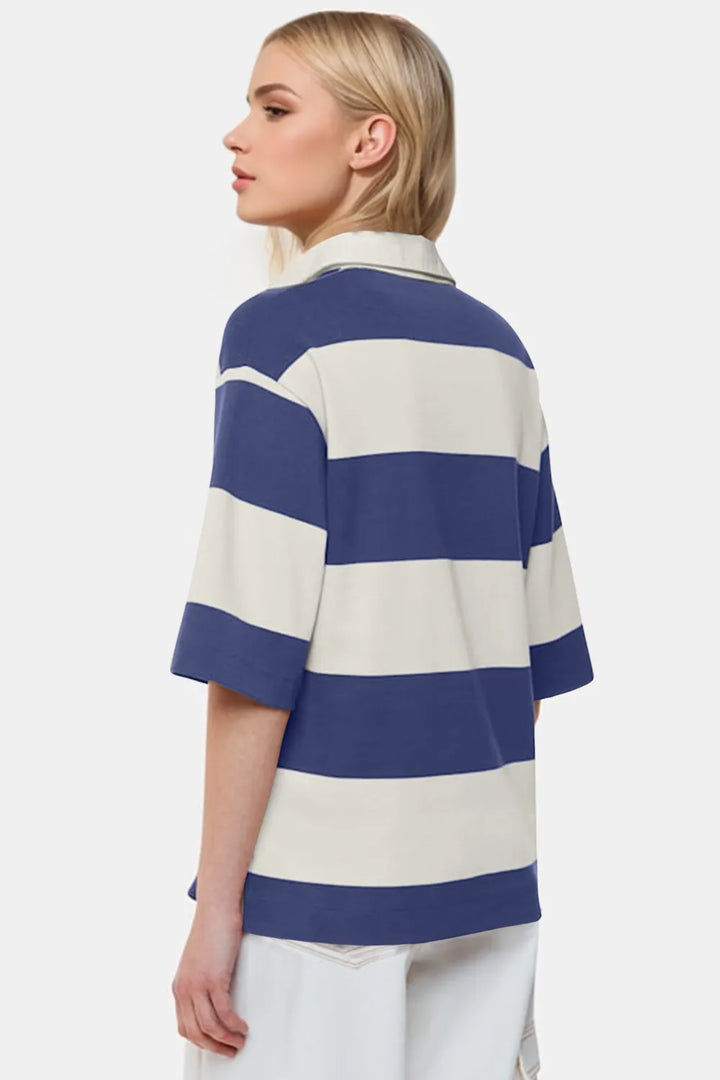 Dusty Blue Oh Pima Cotton Wash Color Block Johnny Collar Half Sleeve Top