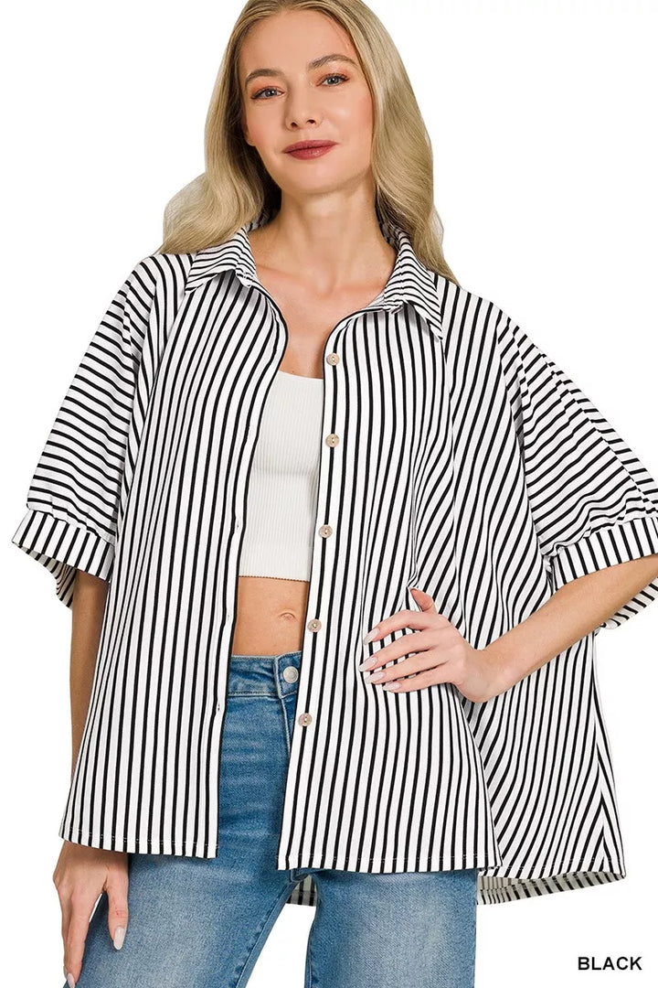 Black Zenana Oversized Stripe Button Down Shirt