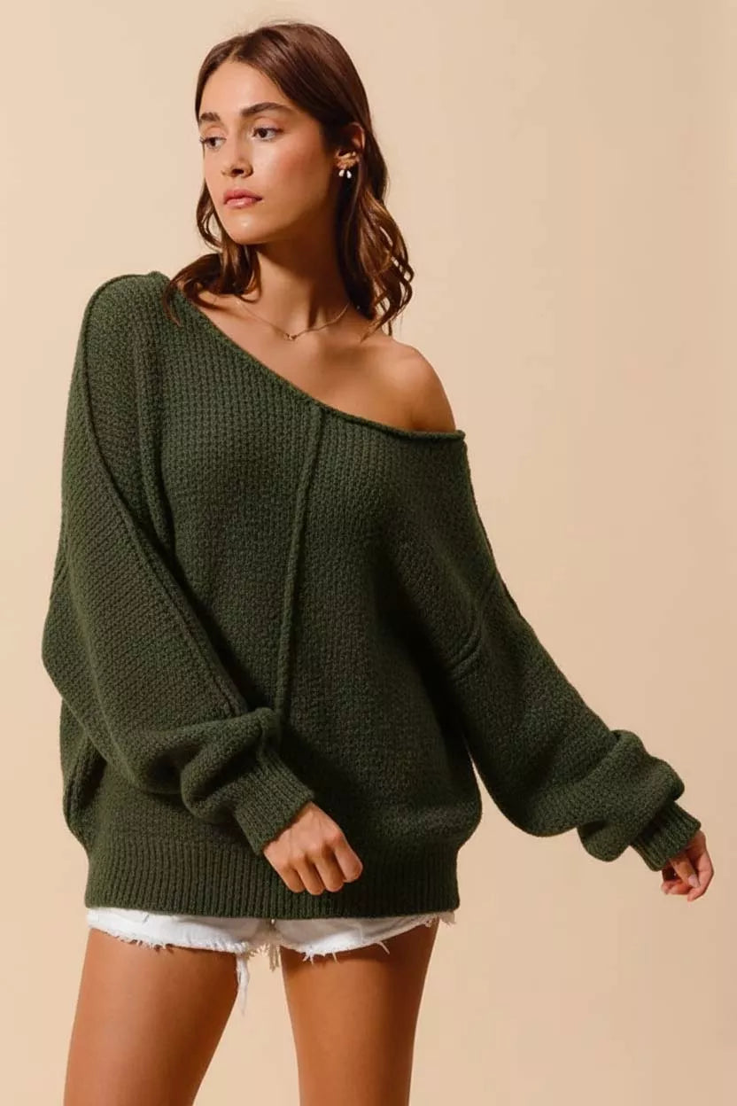 Olive So Me Loose Fit Exposed Seam Slouchy Boucle Sweater