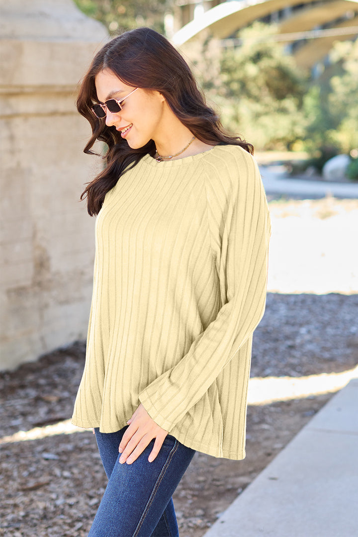 Dark Blue Basic Bae Full Size Ribbed Round Neck Long Sleeve Knit Top 1