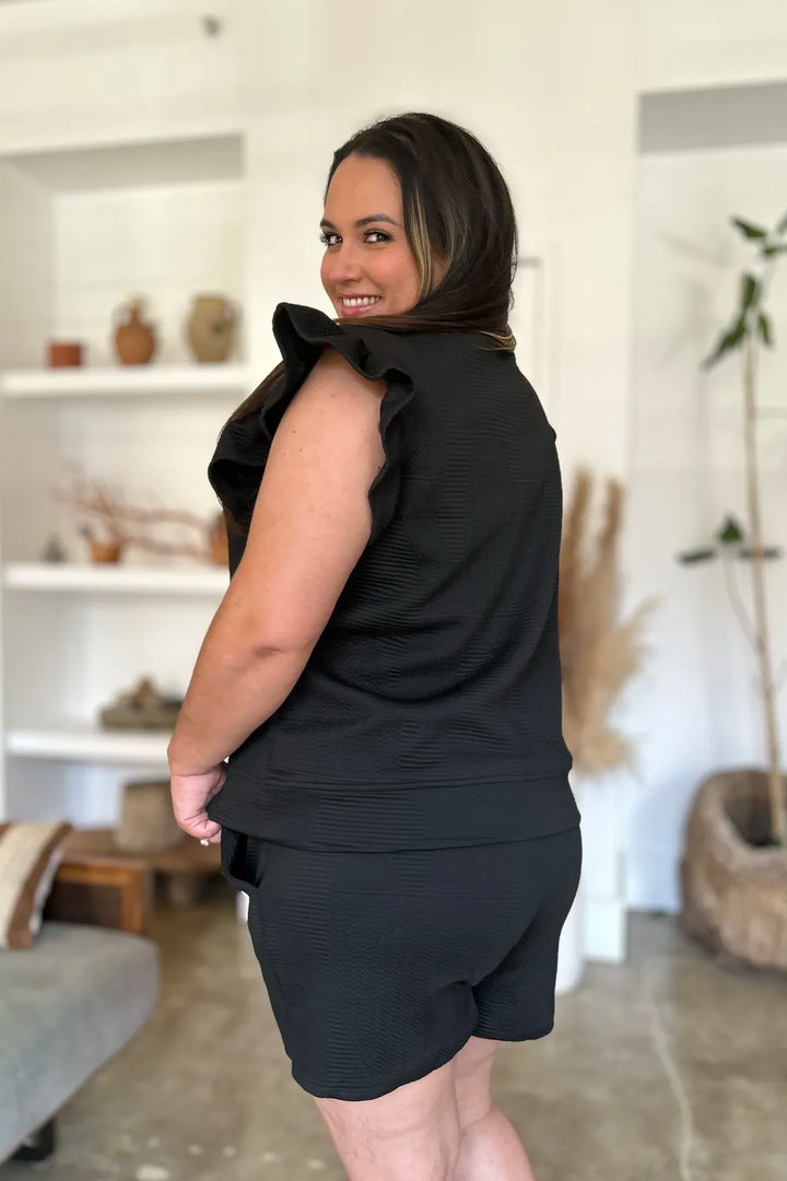 White Double Take Full Size Texture Flounce Sleeve Top And Shorts Set