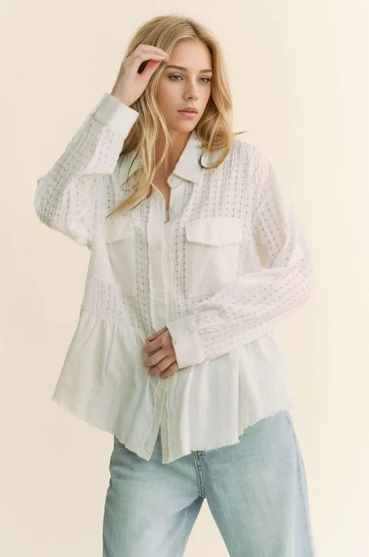 White Davi Dani Garment Washed Jacquard Button Front Shirt 1