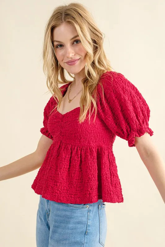 Red And The Why Lovely Textured And Smocked Top