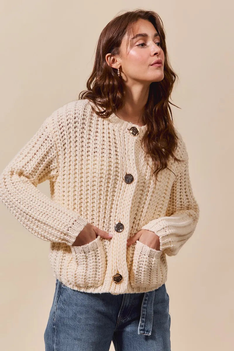 Cream So Me Metal Button Long Sleeve Chunky Sweater Cardigan
