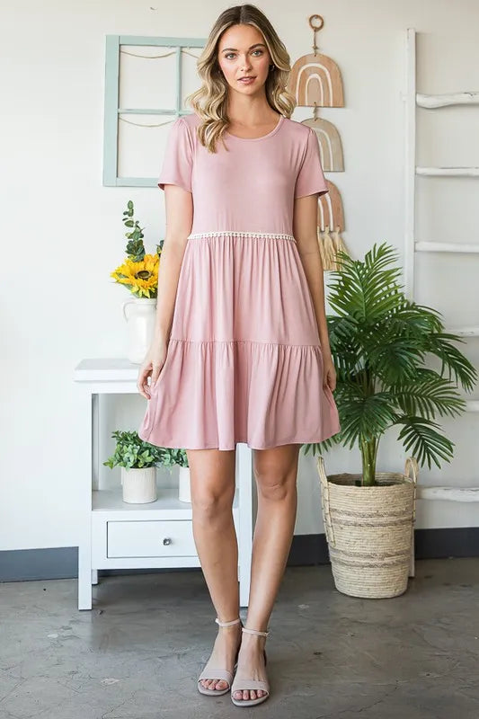 Heimish Full Size Solid Mini Tiered Dress With Pompom Lace Plus Size