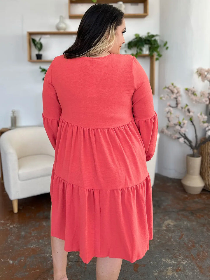 Coral Double Take Full Size V Neck Balloon Sleeve Tiered Dress With Pockets
