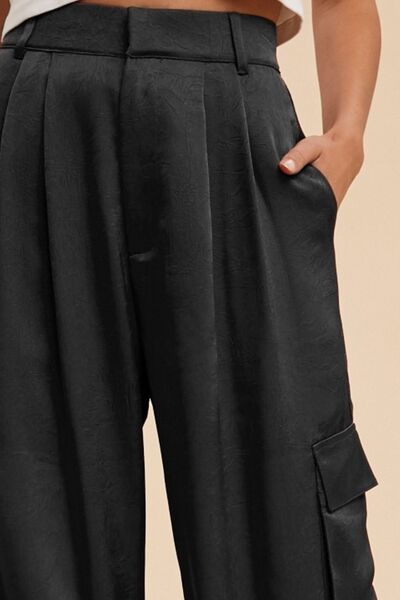 Black Annie Wear Wide Leg Cargo Satin Pants