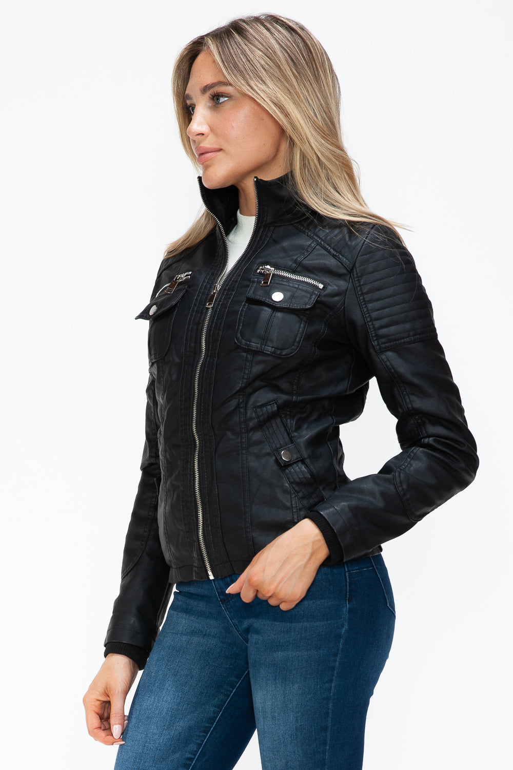 Ymi Removable Faux Layered Multi Pocket Jacket With Fuzzy Hood