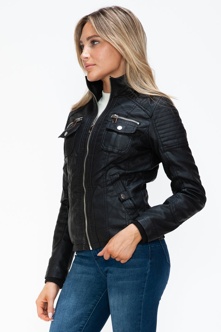 Ymi Removable Faux Layered Multi Pocket Jacket With Fuzzy Hood