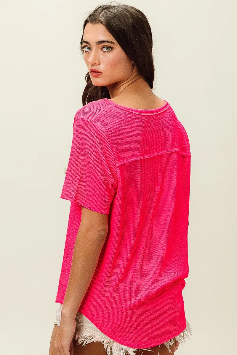 Bibi Waved Rib U Neck Top With Front Pocket