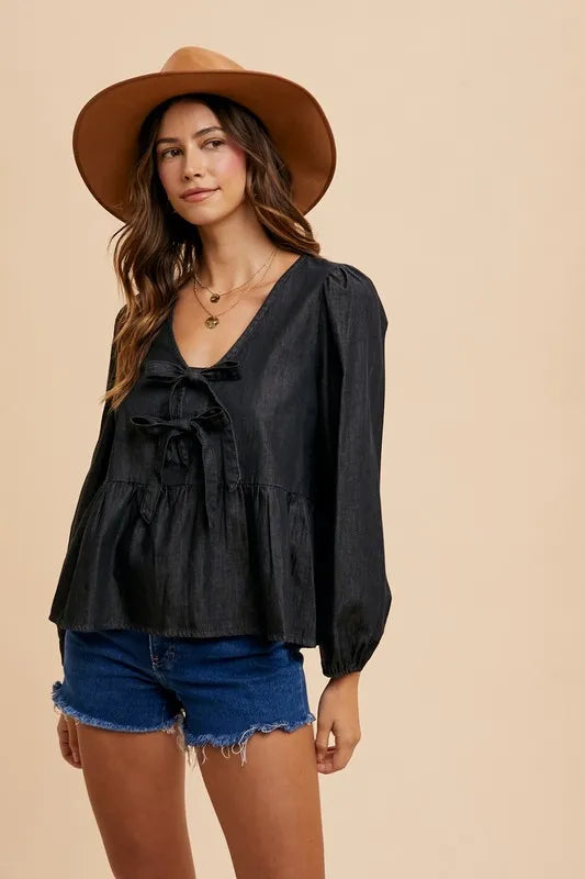 Black Annie Wear Tie Front Peplum Long Sleeve Denim Top