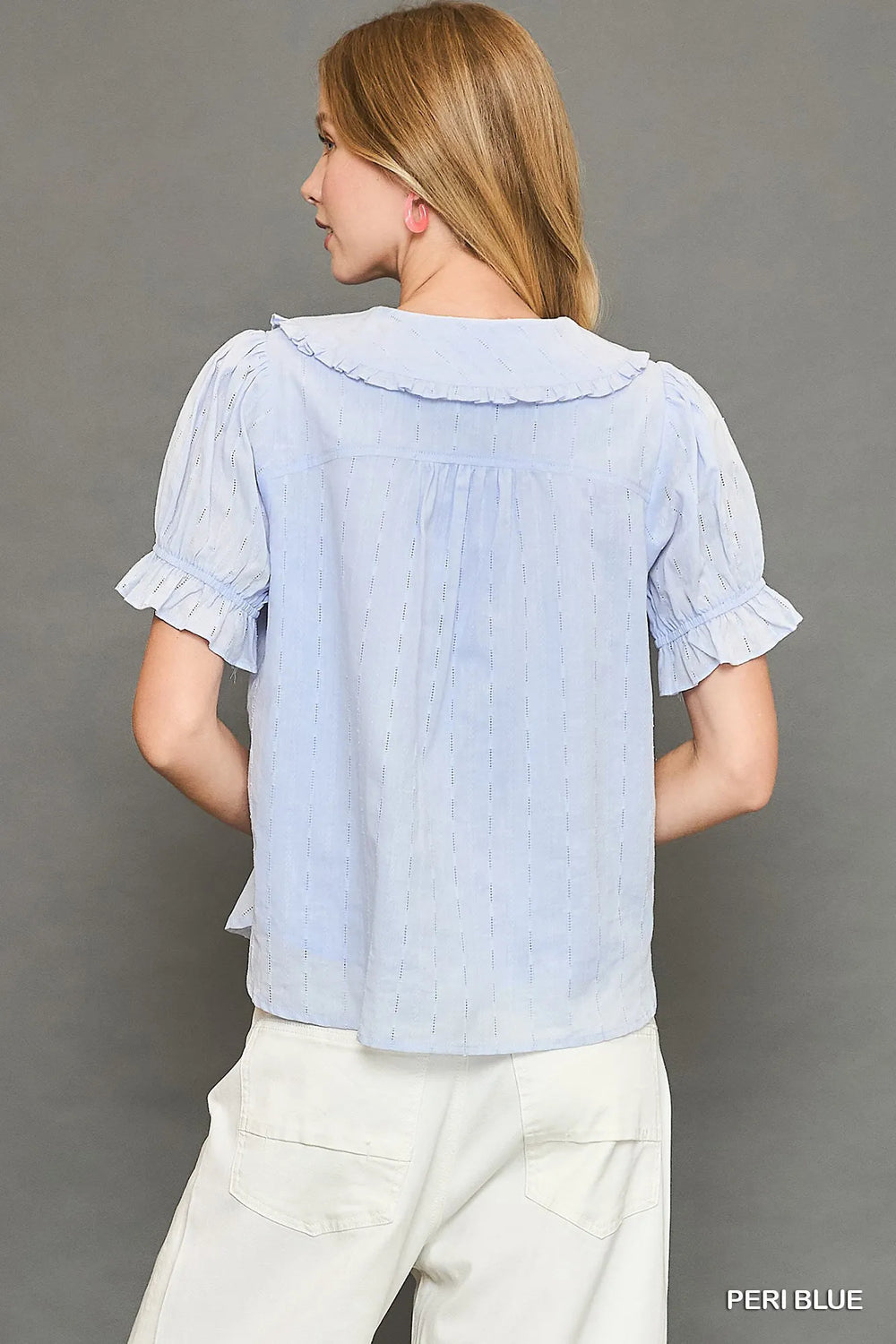 Peri Blue Umgee Peter Pan Collared Button Down Textured Shirt With Ruffled Detail