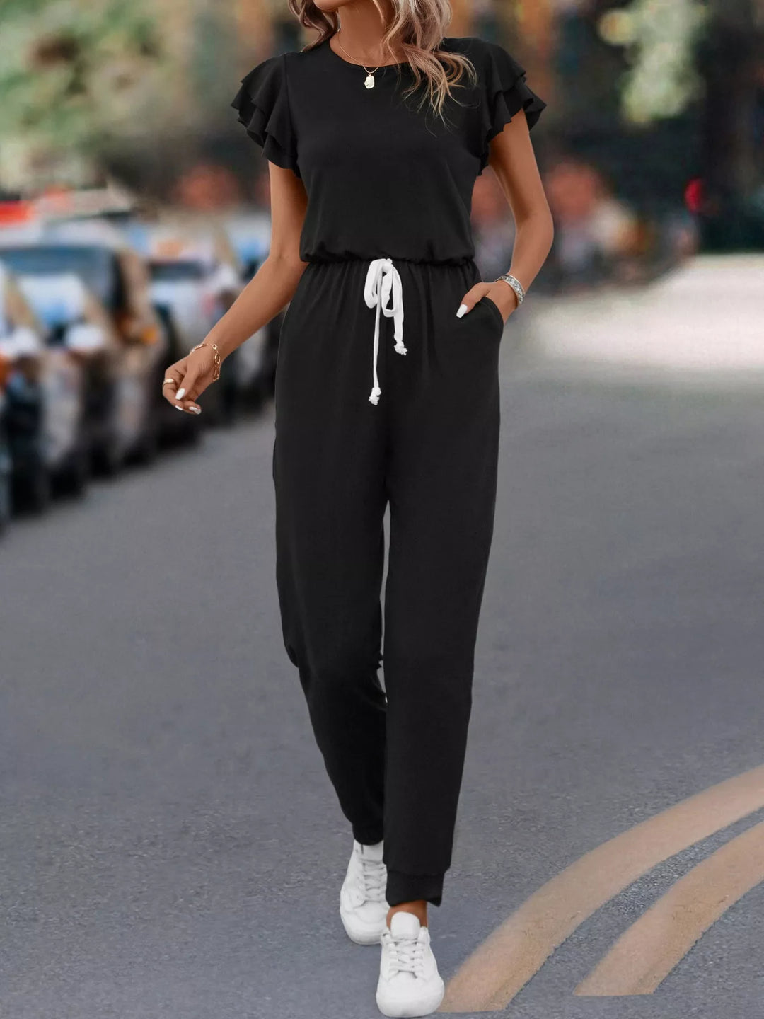 Black Ruffle Sleeve Drawstring Waist Casual Jumpsuit