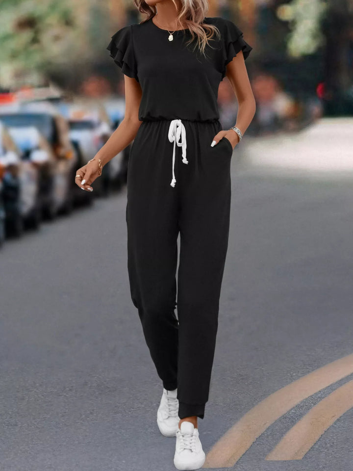 Black Ruffle Sleeve Drawstring Waist Casual Jumpsuit