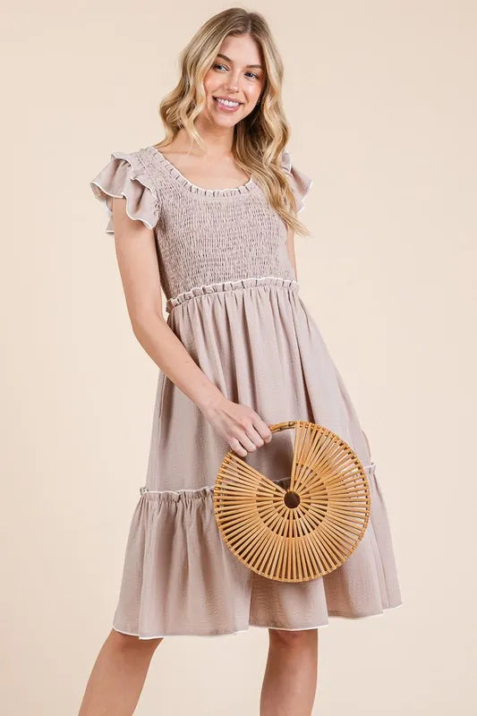 Lime N Chili Ruffle Trim Smocked Dress With Contrast