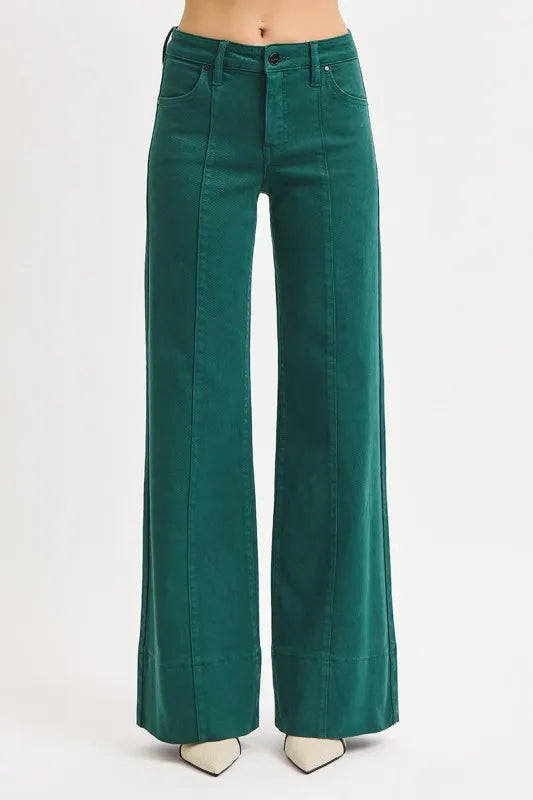 Hunter Green Risen Full Size Tummy Control Mid Rise Wide Leg Jeans Plus Size