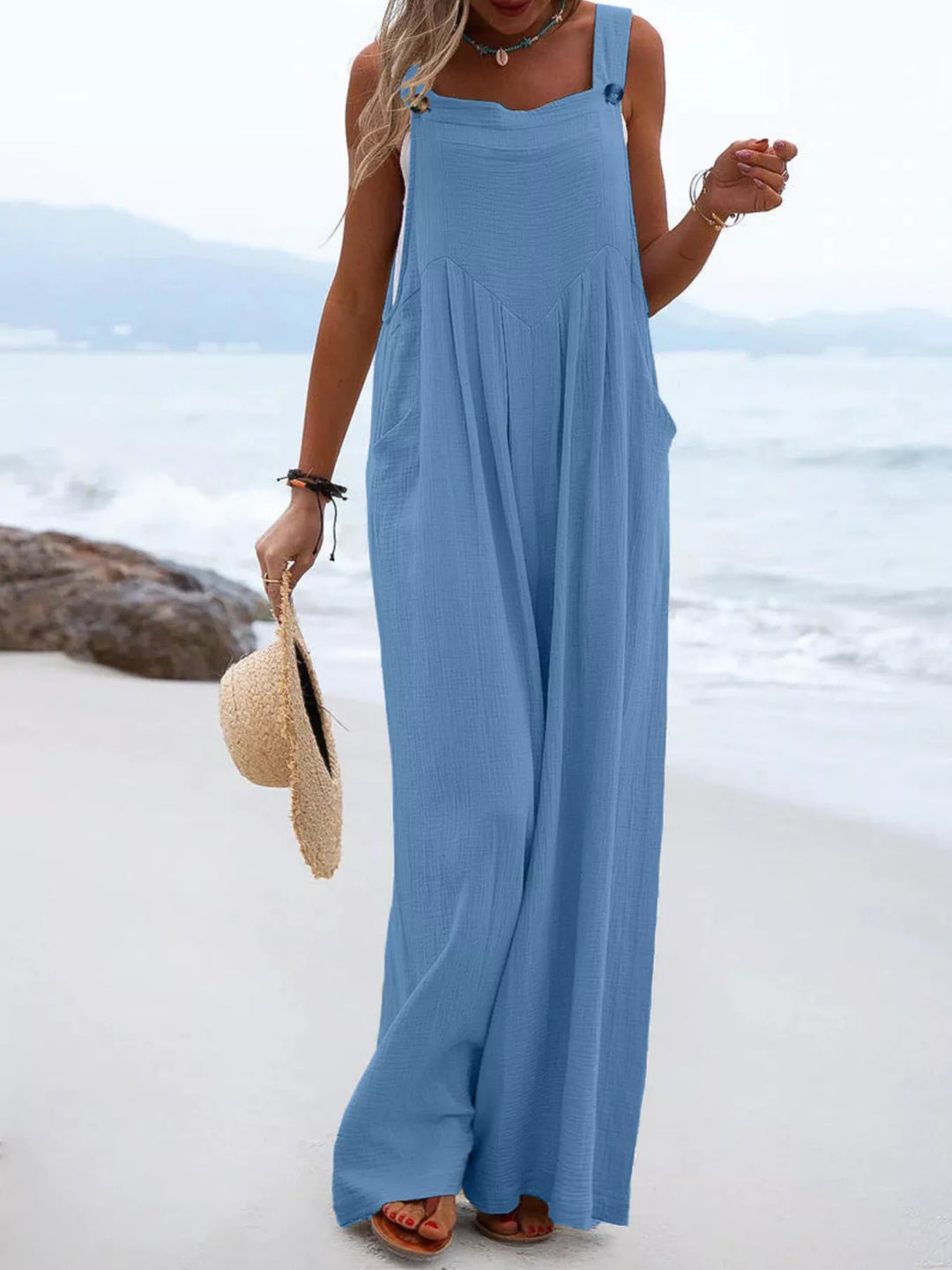 Blue Full Size Casual Loose Wide Leg Overalls Plus Size