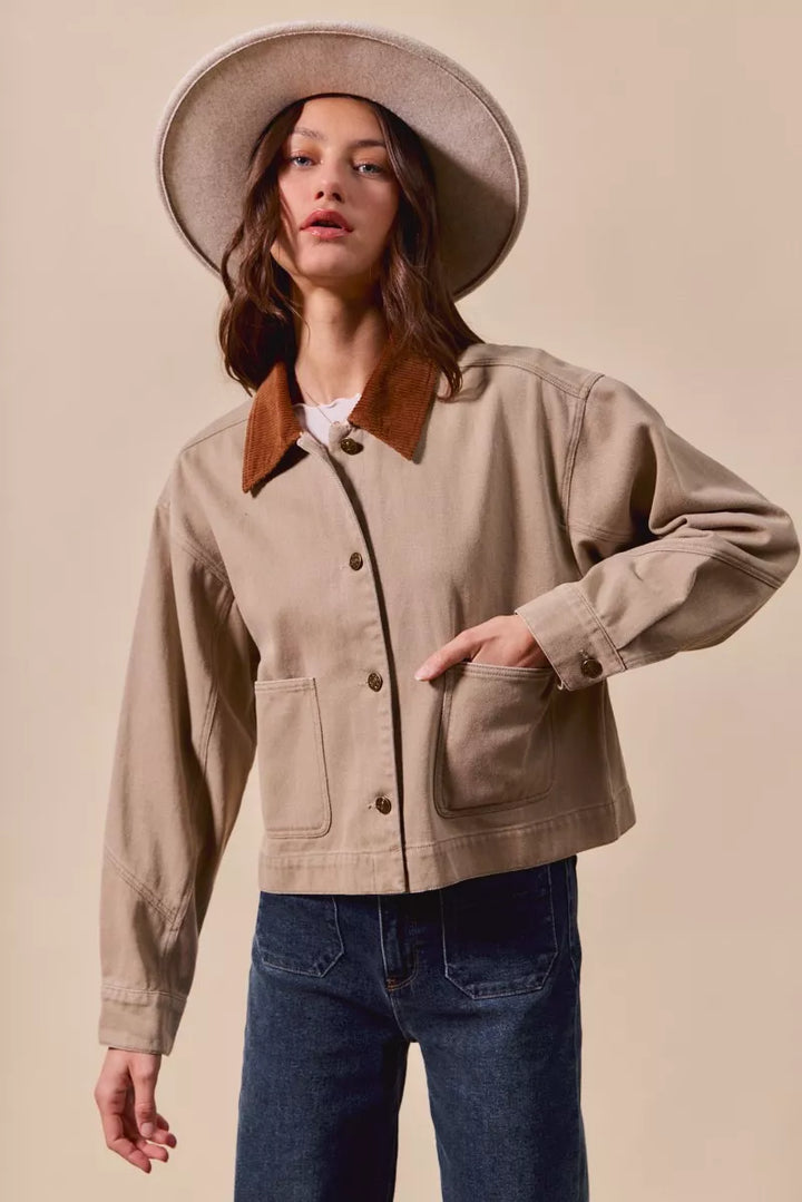 Taupe So Me Cotton Twill Cropped Barn Jacket Wtih Collar