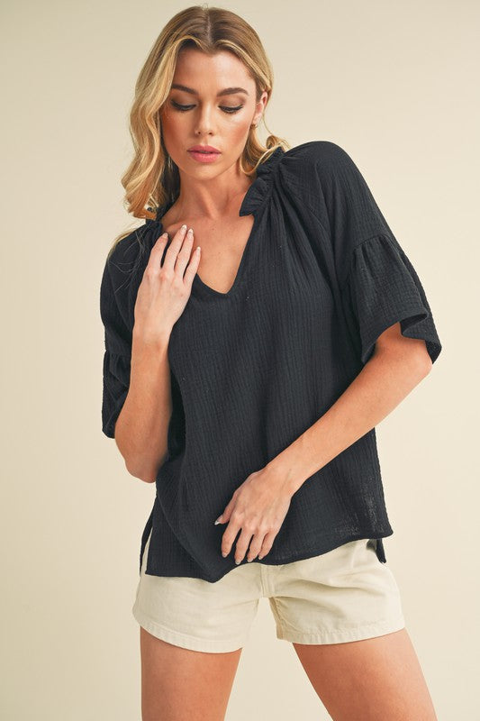 Black Aemi Co Side Slit Notched Ruffled Half Sleeve Blouse