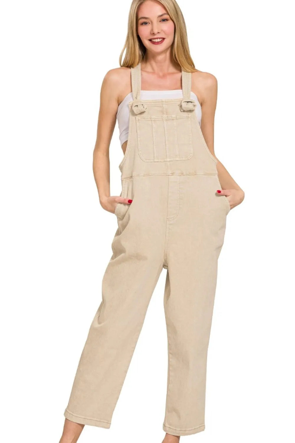 Sand Beige Zenana Washed Knot Strap Relaxed Fit Overalls 2