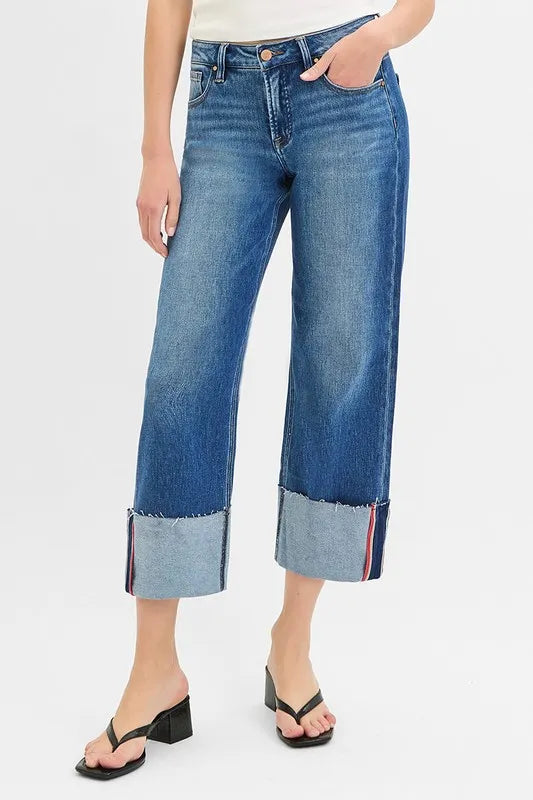 Dark Risen Full Size Tummy Control Mid Rise Crop Wide Cuffed Jeans Plus Size