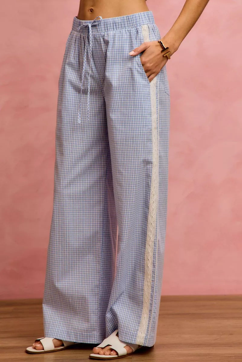 Blue So Me Wide Check Pants With Side Lace Trim And Piping