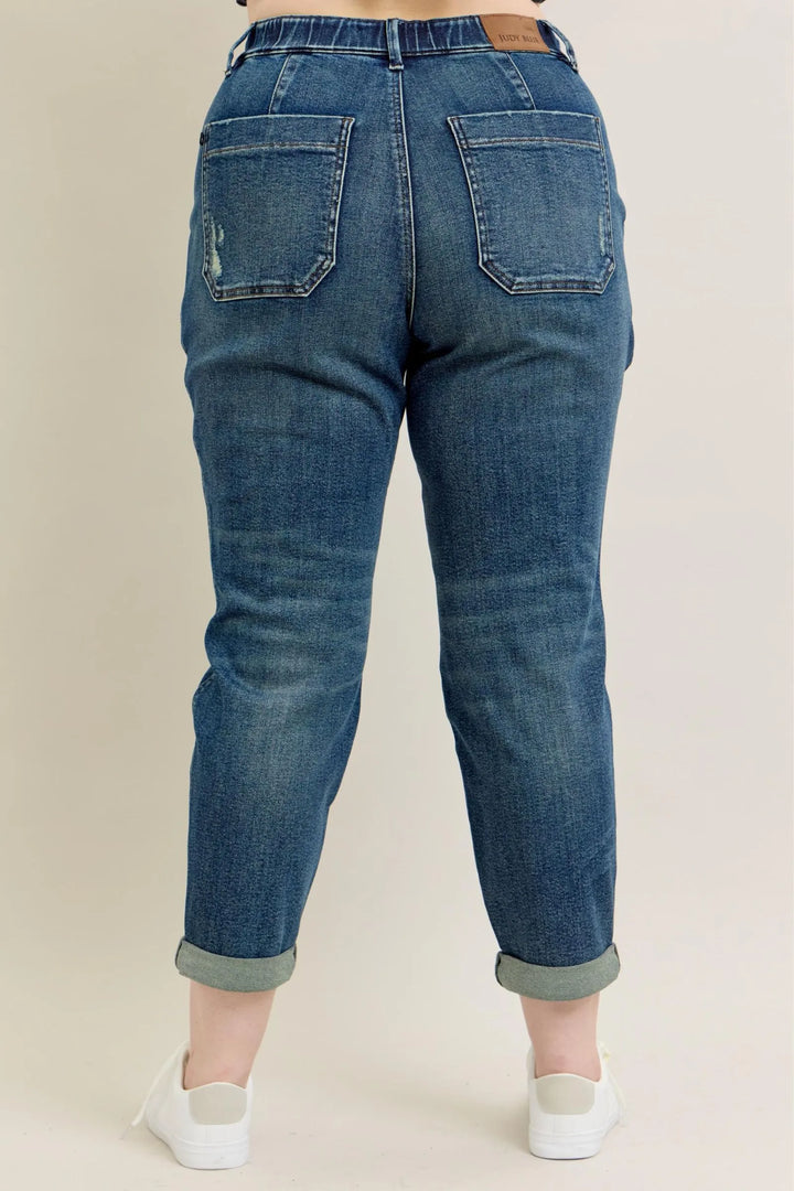 Dark Judy Blue Full Size Hw Vintage Wash Jeans W Drawstring Plus Size