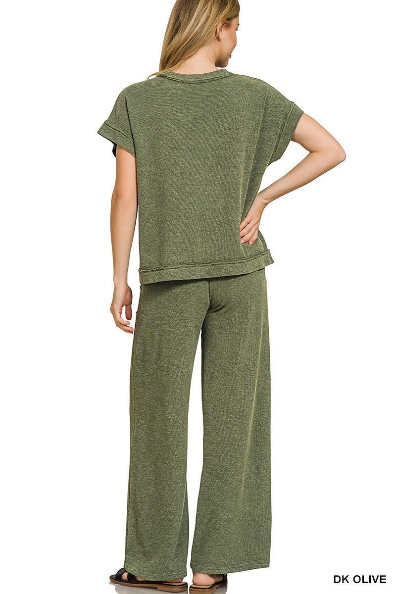 Dk Olive Zenana Washed Slub Short Sleeve Tee Long Pants Set