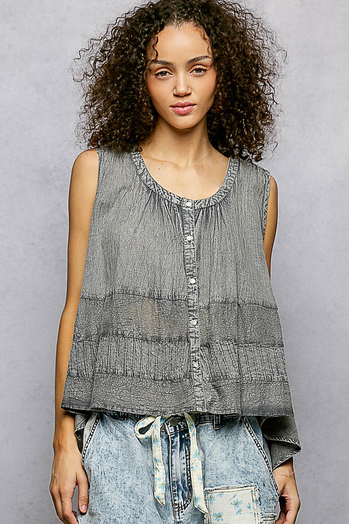 Charcoal Pol Button Down Round Neck Tank With Crochet Contrast