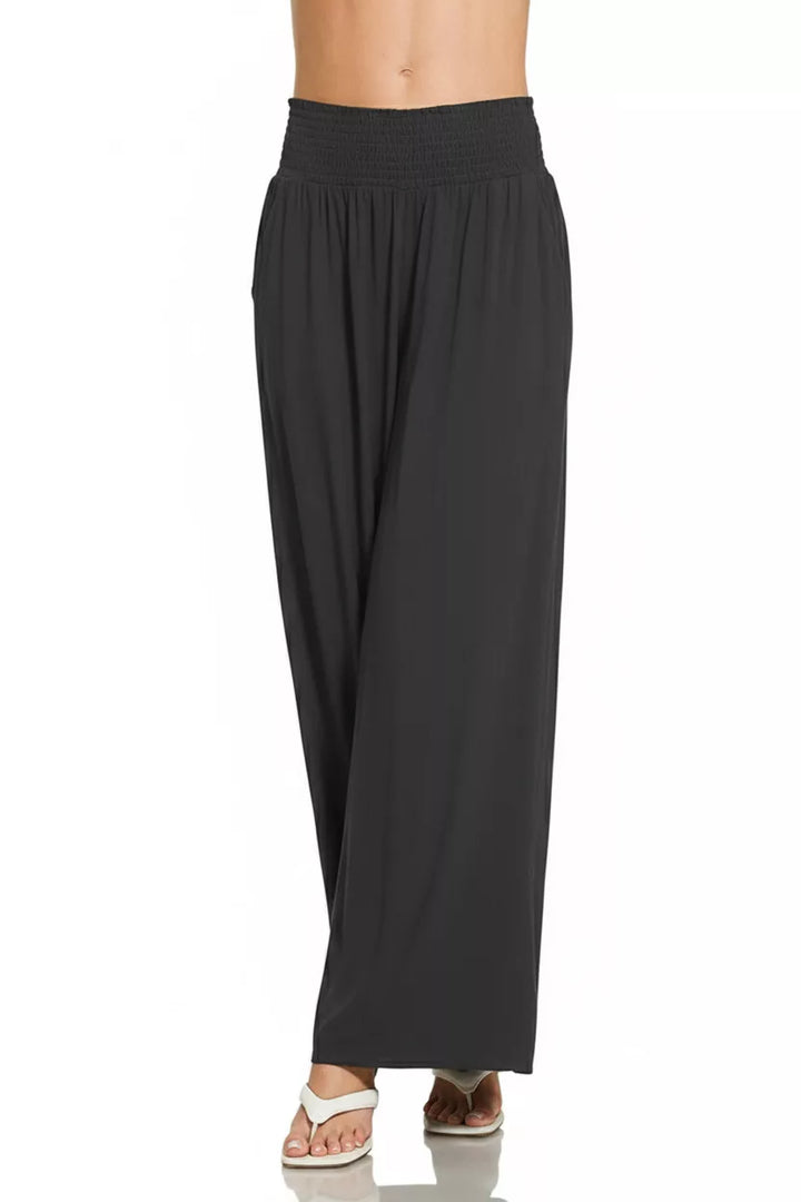 Black Zenana Smocked Waistband Wide Leg Lounge Pants 1