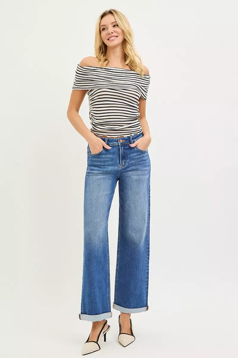 Medium Risen Full Size High Rise Relaxed Fit Ankle Straight Cuff Jeans Plus Size