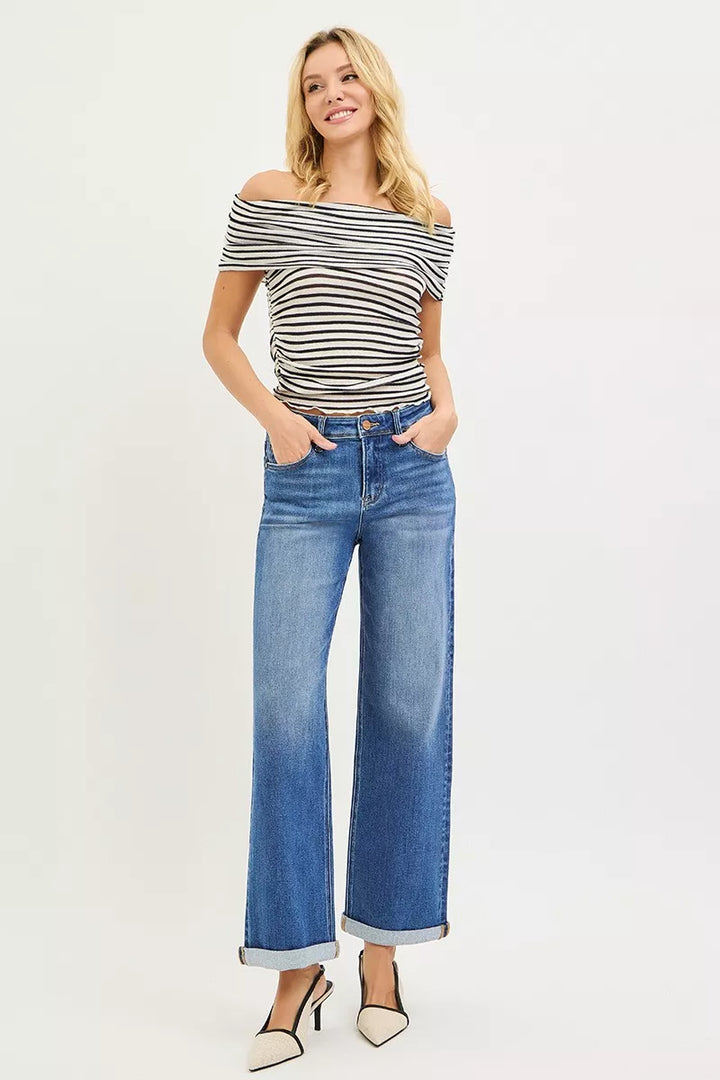 Medium Risen Full Size High Rise Relaxed Fit Ankle Straight Cuff Jeans Plus Size