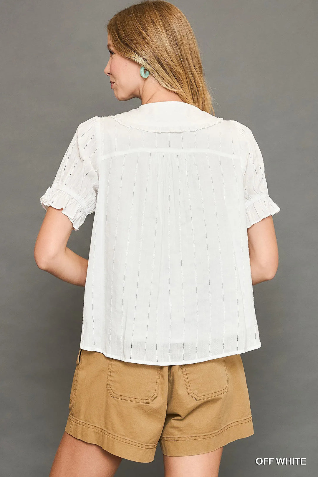 Off White Umgee Peter Pan Collared Button Down Textured Shirt With Ruffled Detail 1