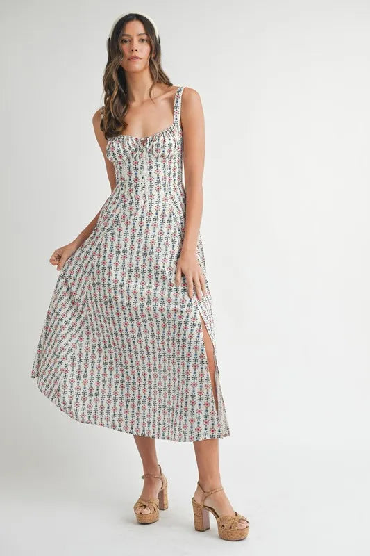 Mable Floral Print Bustier Back Lace Up Midi Dress 1