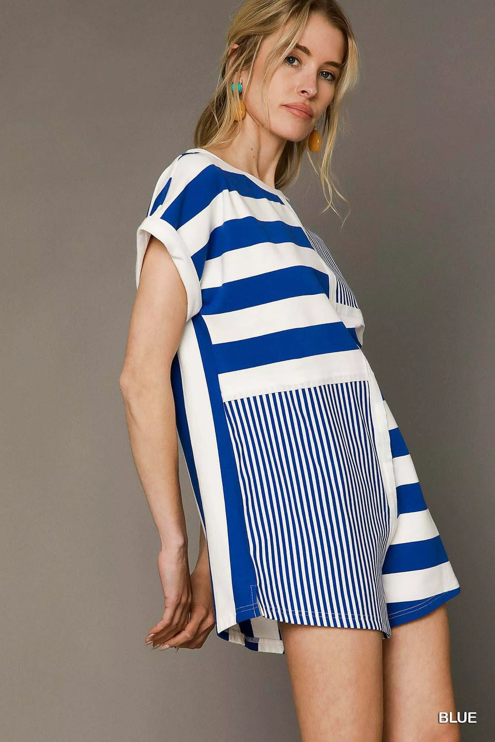 Blue Umgee Mixed Striped Short Sleeve Romper