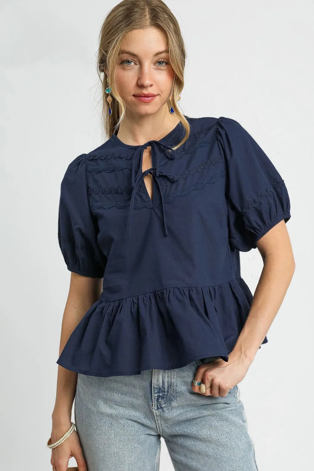 Dark Navy Umgee Tie Front Puff Sleeve Blouse