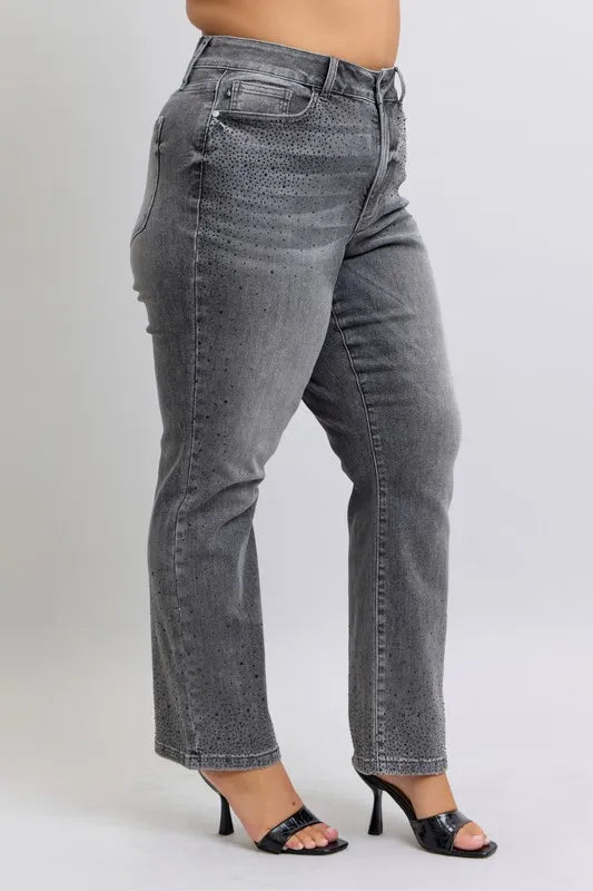 Gry Judy Blue Full Size High Waist Rhinestone Straight Jeans Plus Size