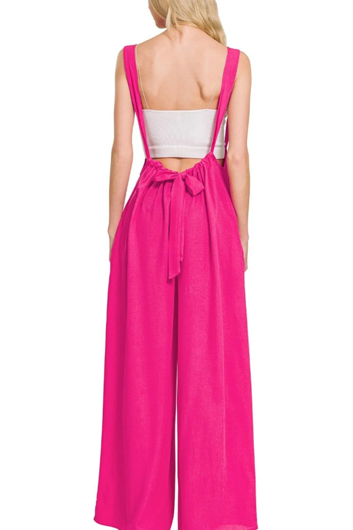Hot Pink Zenana Woven Tie Back Suspender Jumpsuit 1
