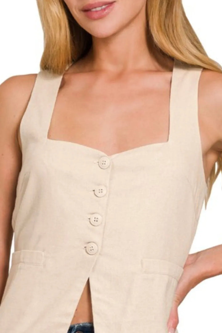 Sand Beige Zenana Linen Tie Back 4 Button Vest With Lining 2