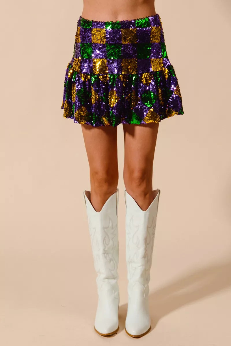 Purple/Gold/Green So Me Mardi Gras Checker Sequins Mini Skirt