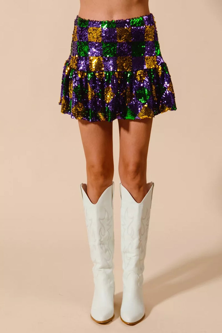 Purple/Gold/Green So Me Mardi Gras Checker Sequins Mini Skirt