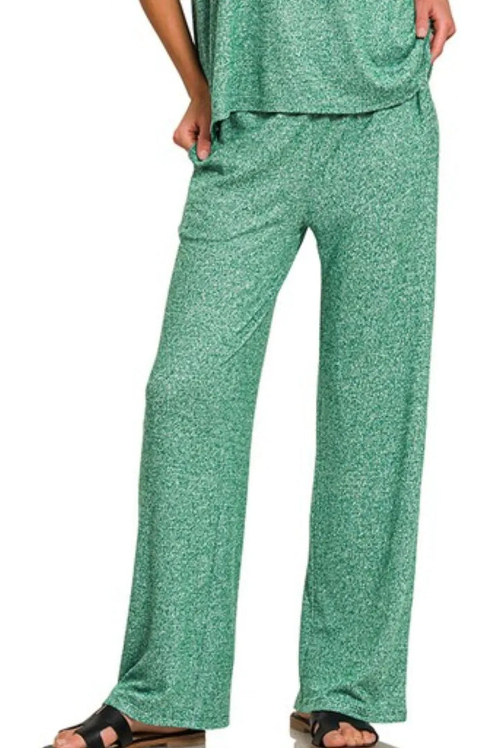 Dk Green Zenana Soft Melange Short Sleeve Tee Long Pants Set 1